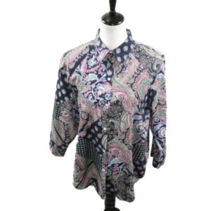 Lauren Ralph Lauren Paisley Non-Iron 3/4 Sleeve Button Front Blouse Size XL
